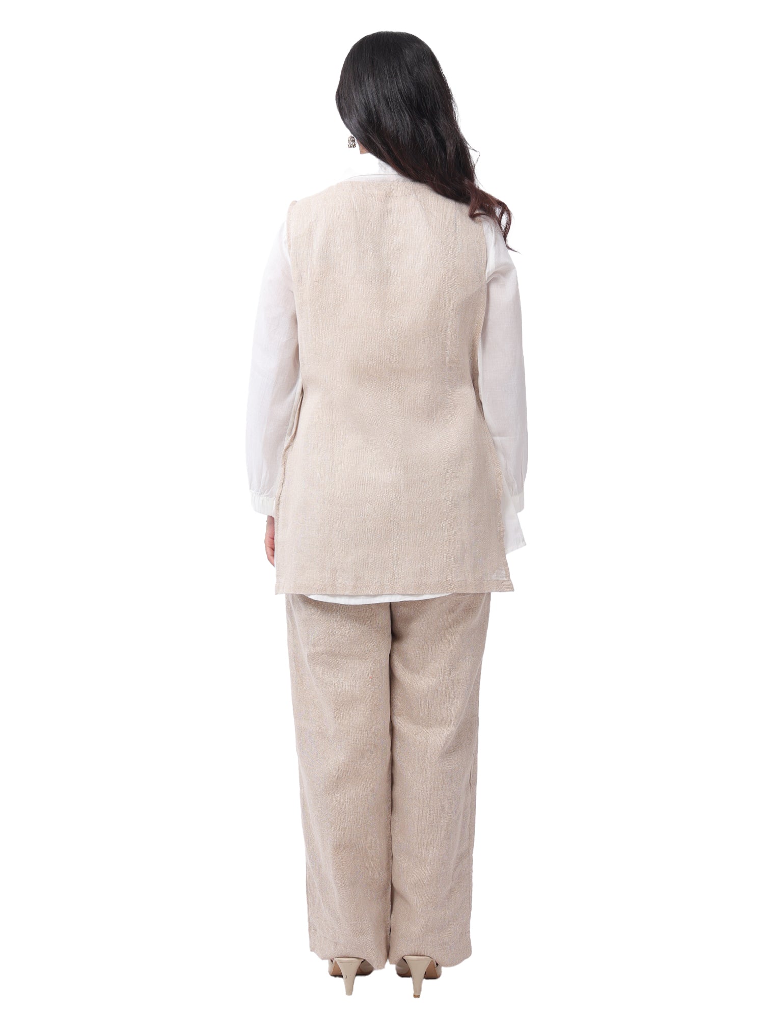 Fash'O'Holic Women's Beige Embroidered Jute Cotton Three Piece Co-Ord Set