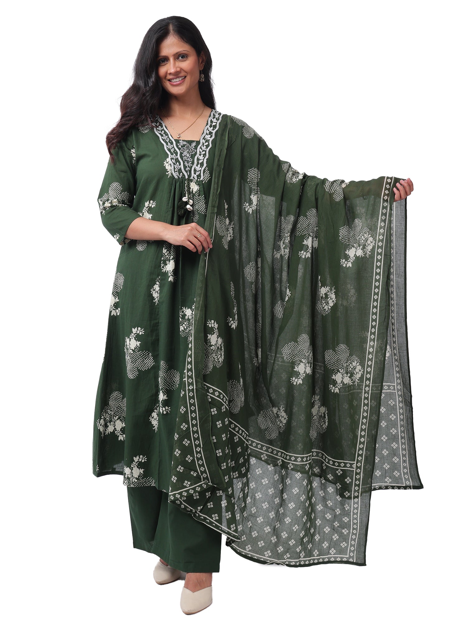 Fash'O'Holic Women's Green Printed Cotton Kurta Pant with Dupatta Set | 3-Piece Ethnic Suit Set