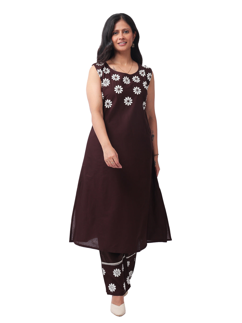 elegant Brown Floral Cotton Kurta Pant Co-Ord Set