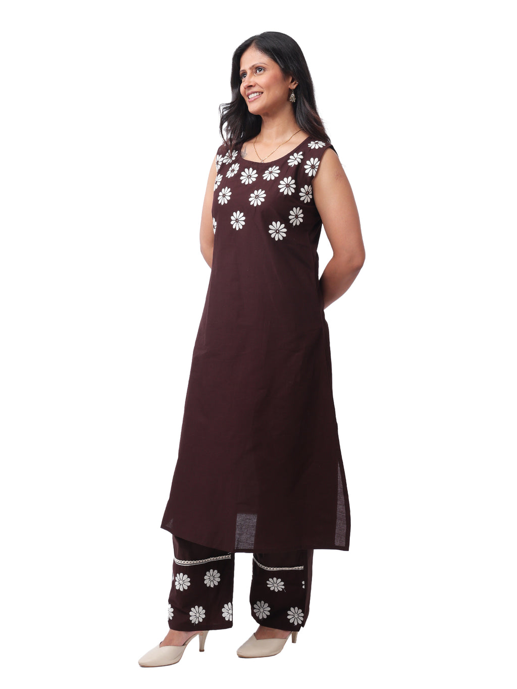 elegant Brown Floral Cotton Kurta Pant Co-Ord Set