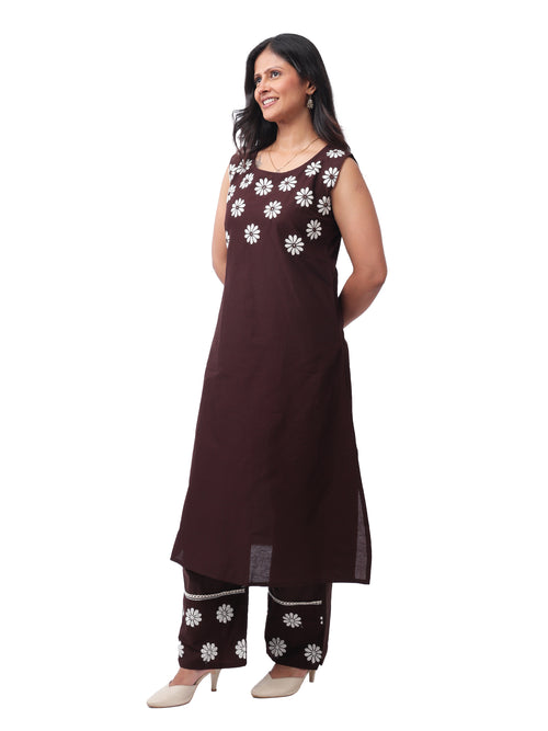 elegant Brown Floral Cotton Kurta Pant Co-Ord Set