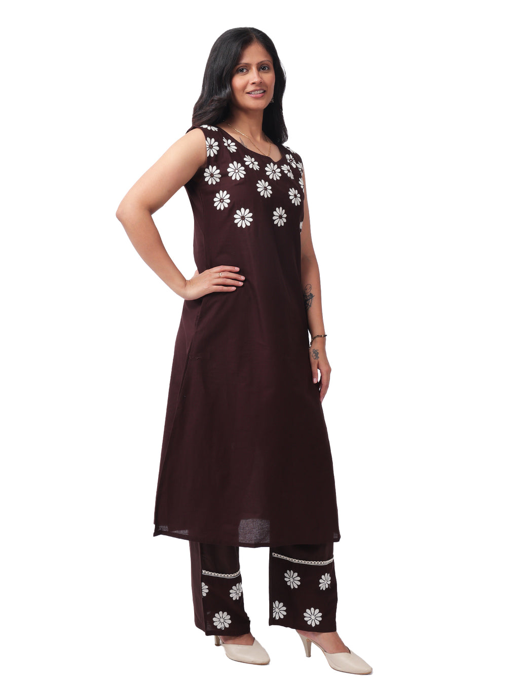 elegant Brown Floral Cotton Kurta Pant Co-Ord Set