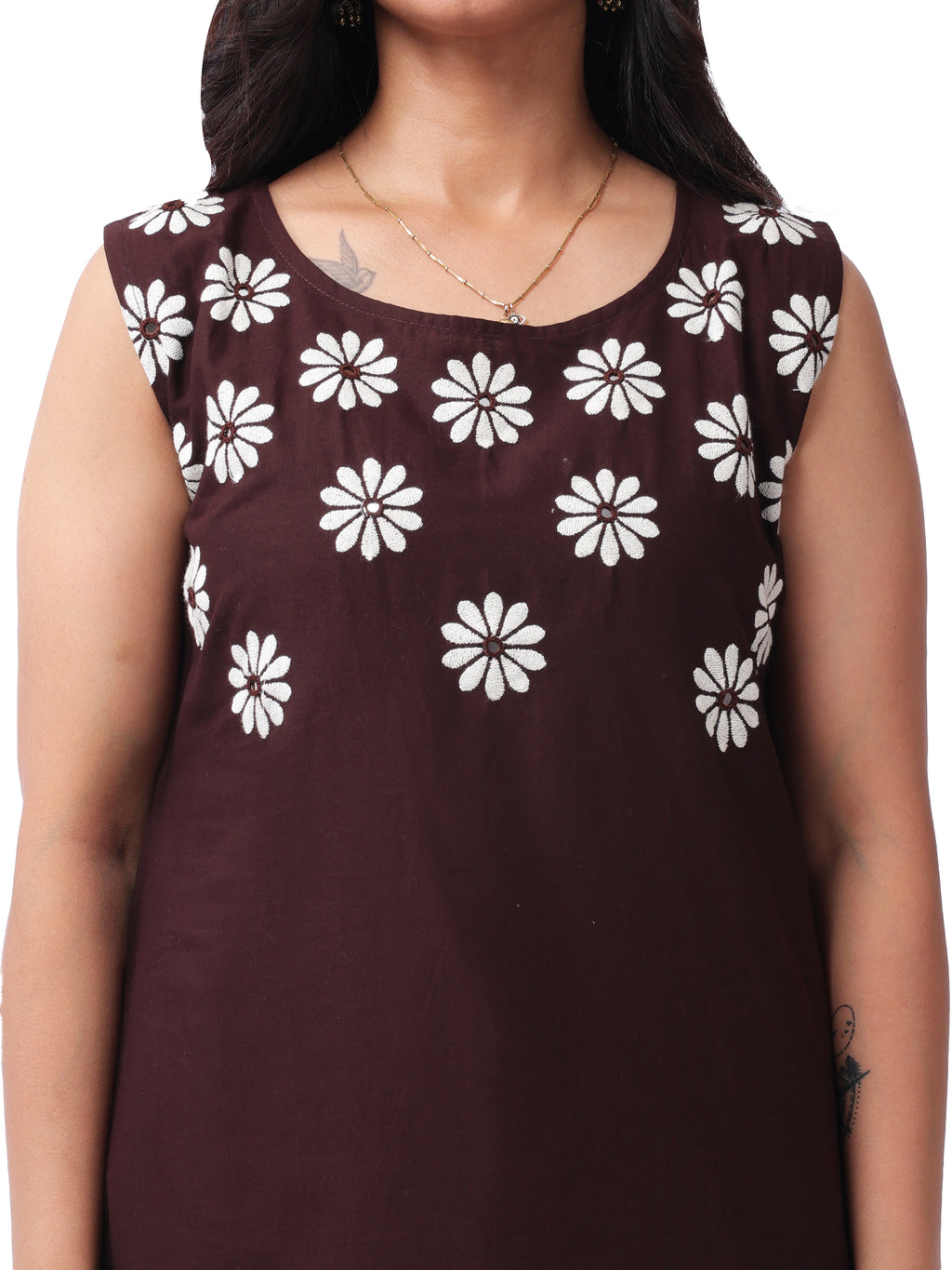 elegant Brown Floral Cotton Kurta Pant Co-Ord Set