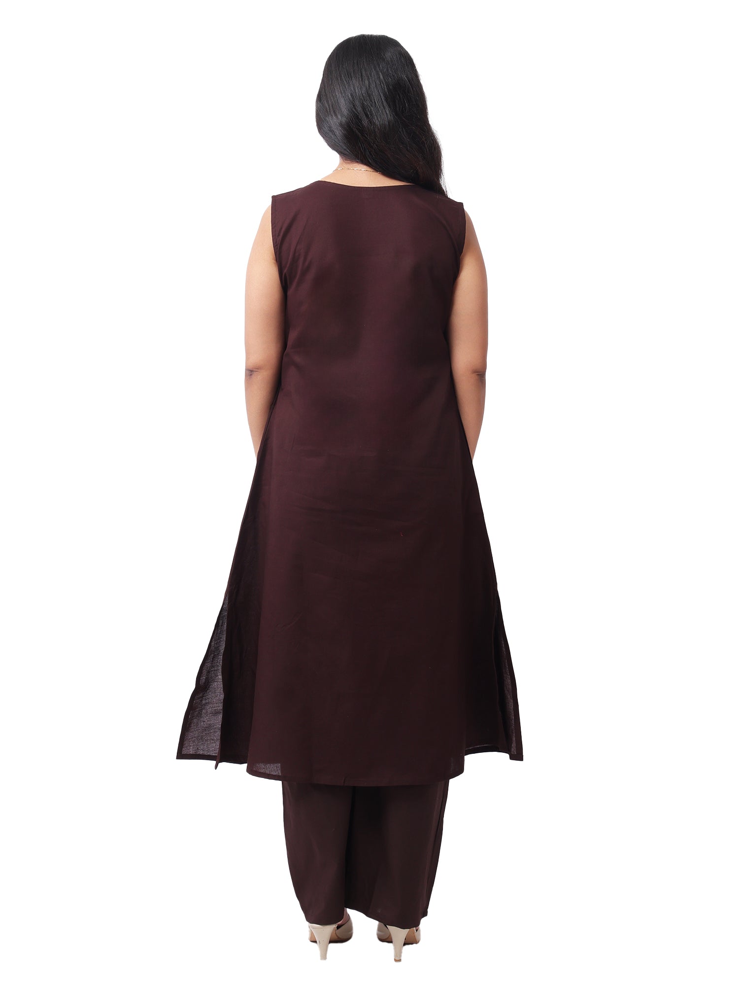 elegant Brown Floral Cotton Kurta Pant Co-Ord Set
