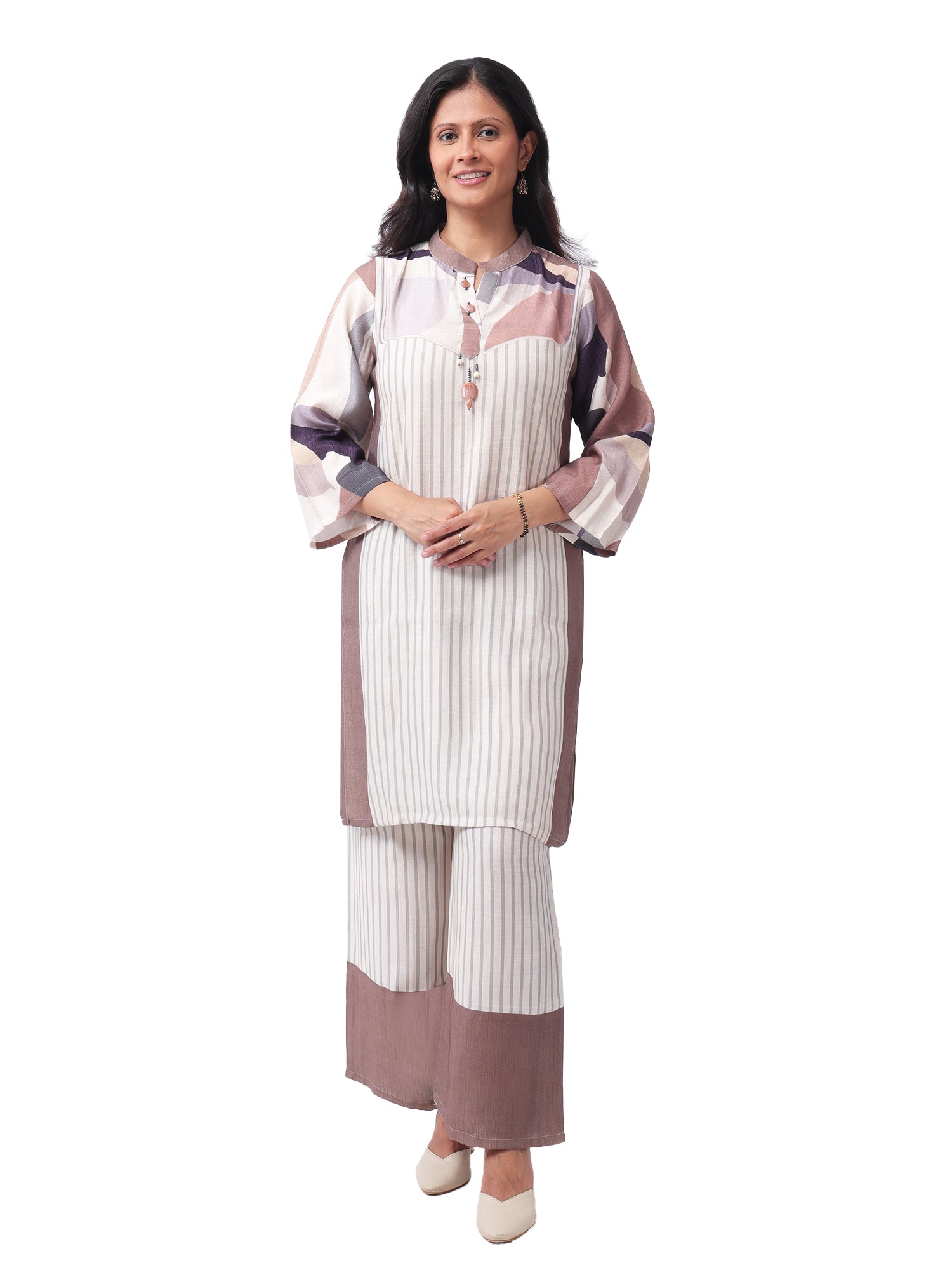 Fash'O'Holic Women's Premium Striped Cotton Kurta Pant Set with Printed Sleeves