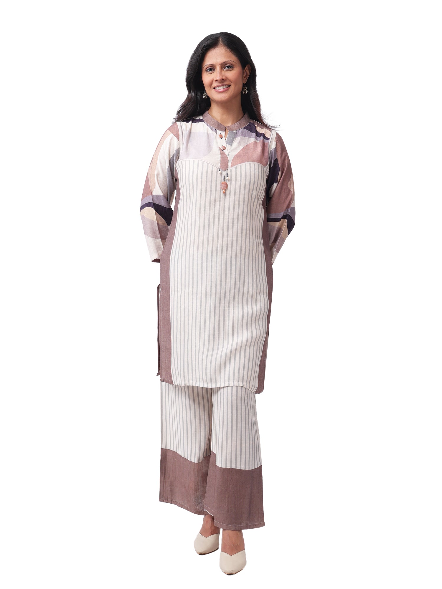 Fash'O'Holic Women's Premium Striped Cotton Kurta Pant Set with Printed Sleeves