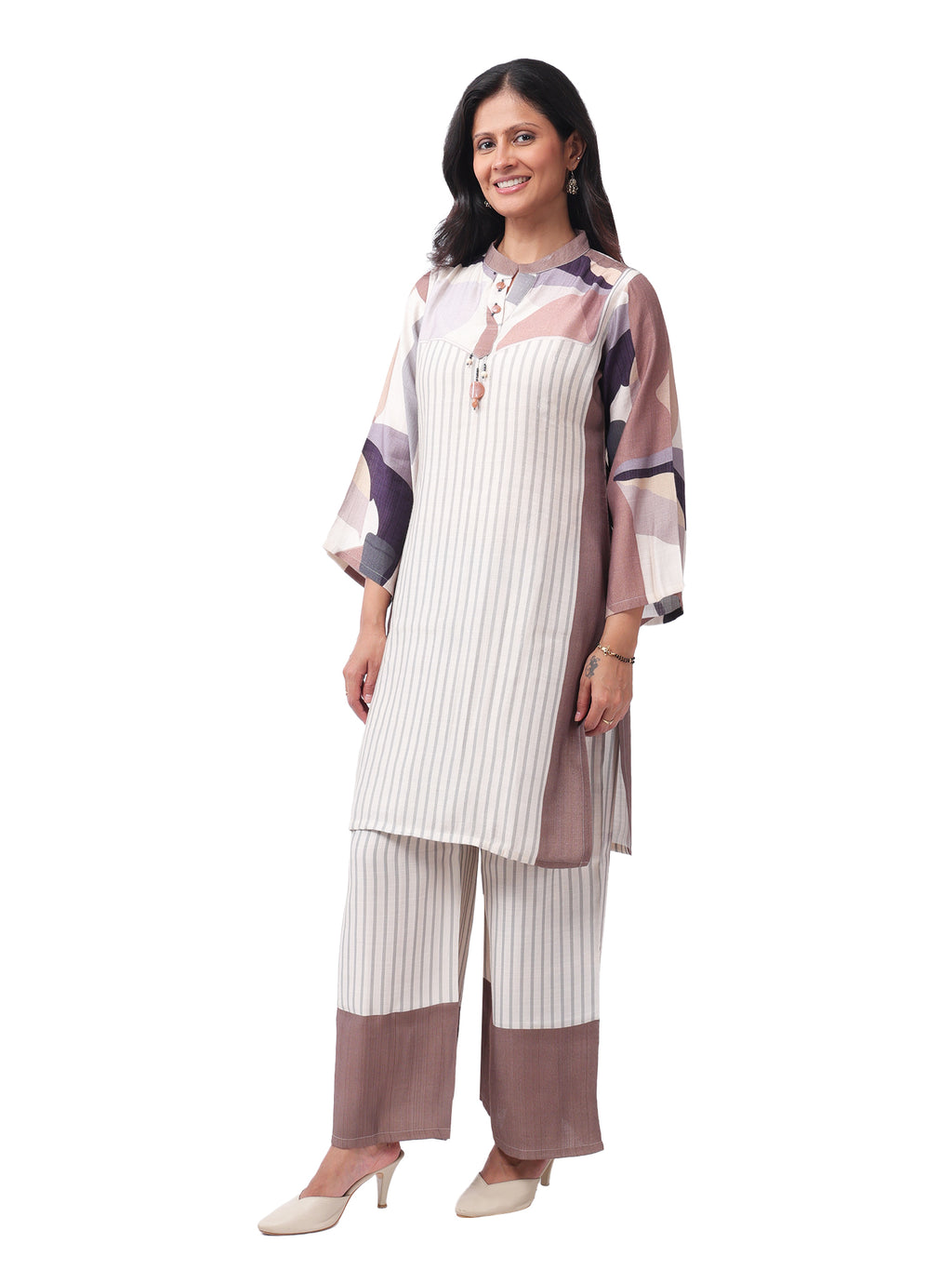 Fash'O'Holic Women's Premium Striped Cotton Kurta Pant Set with Printed Sleeves