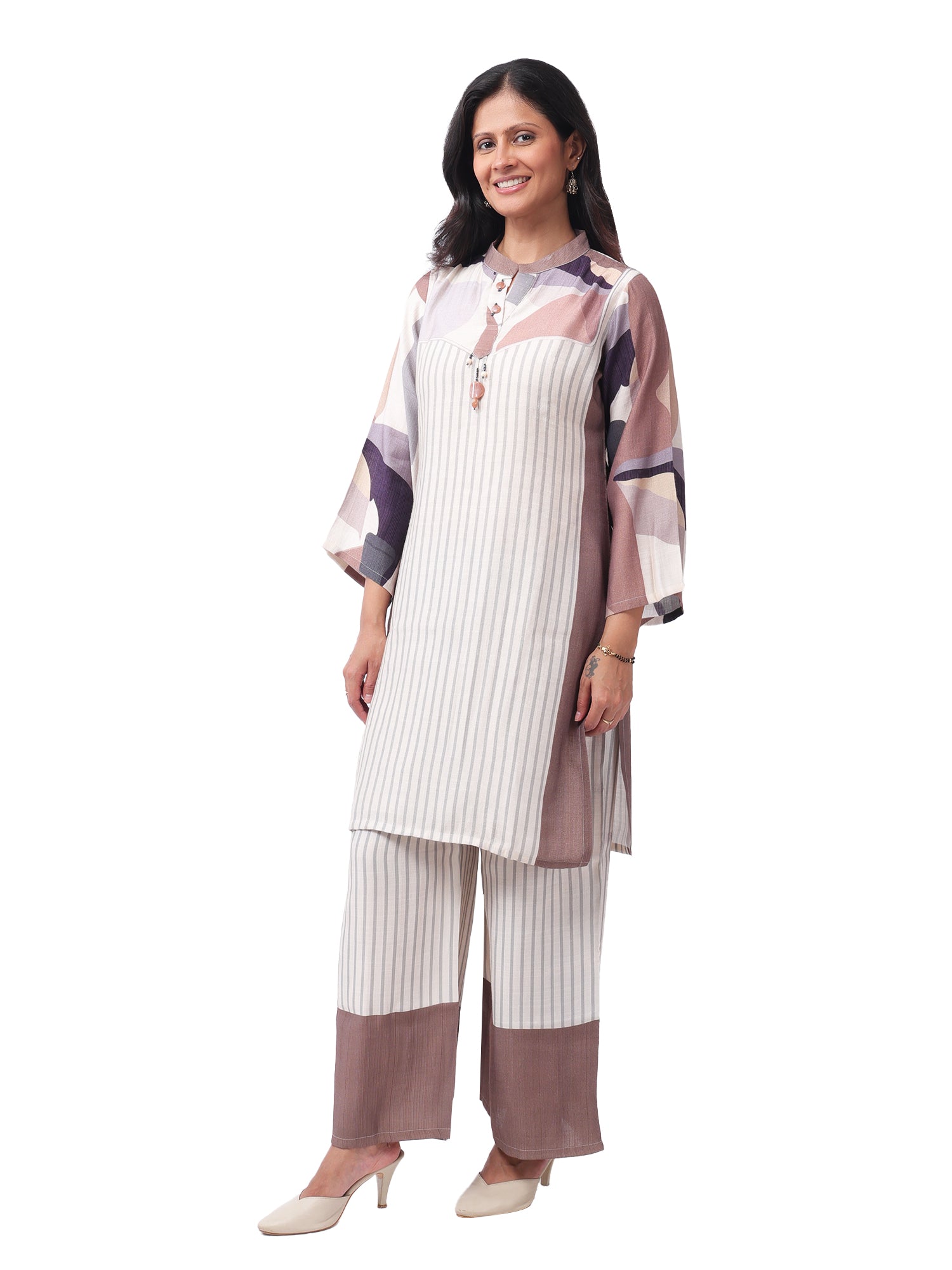 Fash'O'Holic Women's Premium Striped Cotton Kurta Pant Set with Printed Sleeves