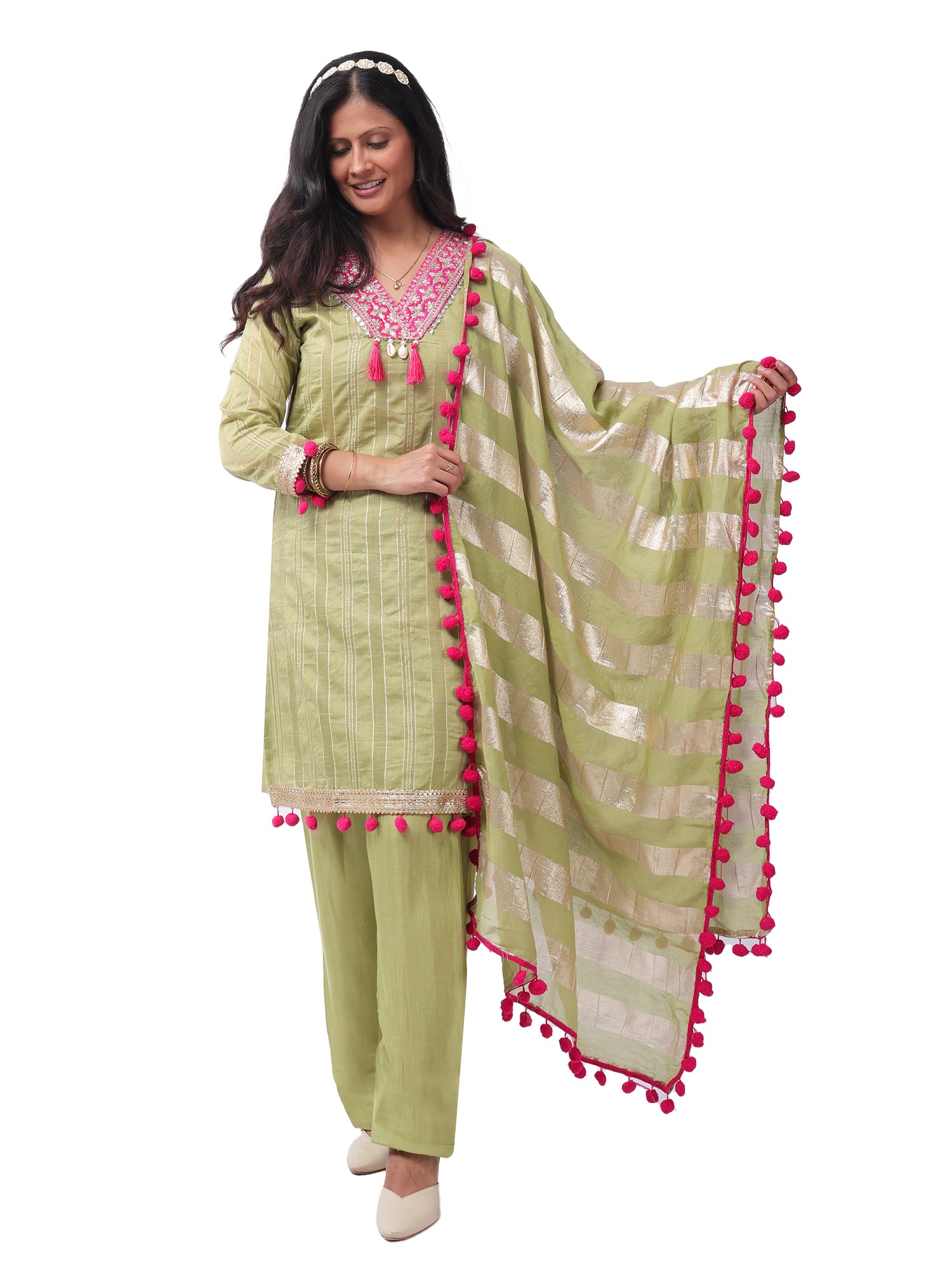 FOH Pista Green Neckline Zari Work Pom Pom Kurta Set with Striped Dupatta