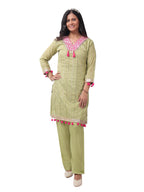 FOH Pista Green Neckline Zari Work Pom Pom Kurta Set with Striped Dupatta