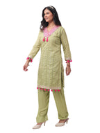 FOH Pista Green Neckline Zari Work Pom Pom Kurta Set with Striped Dupatta