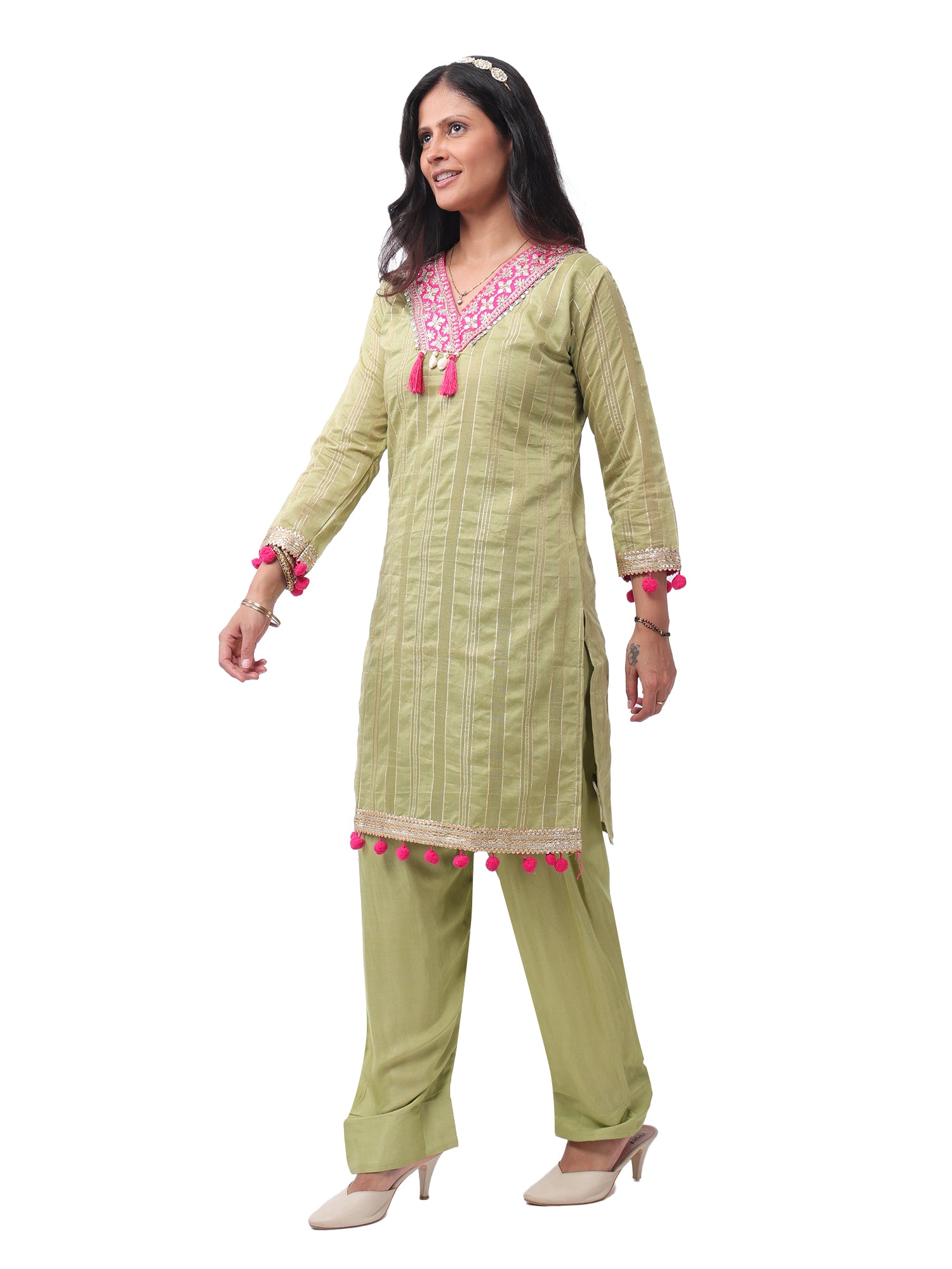 FOH Pista Green Neckline Zari Work Pom Pom Kurta Set with Striped Dupatta