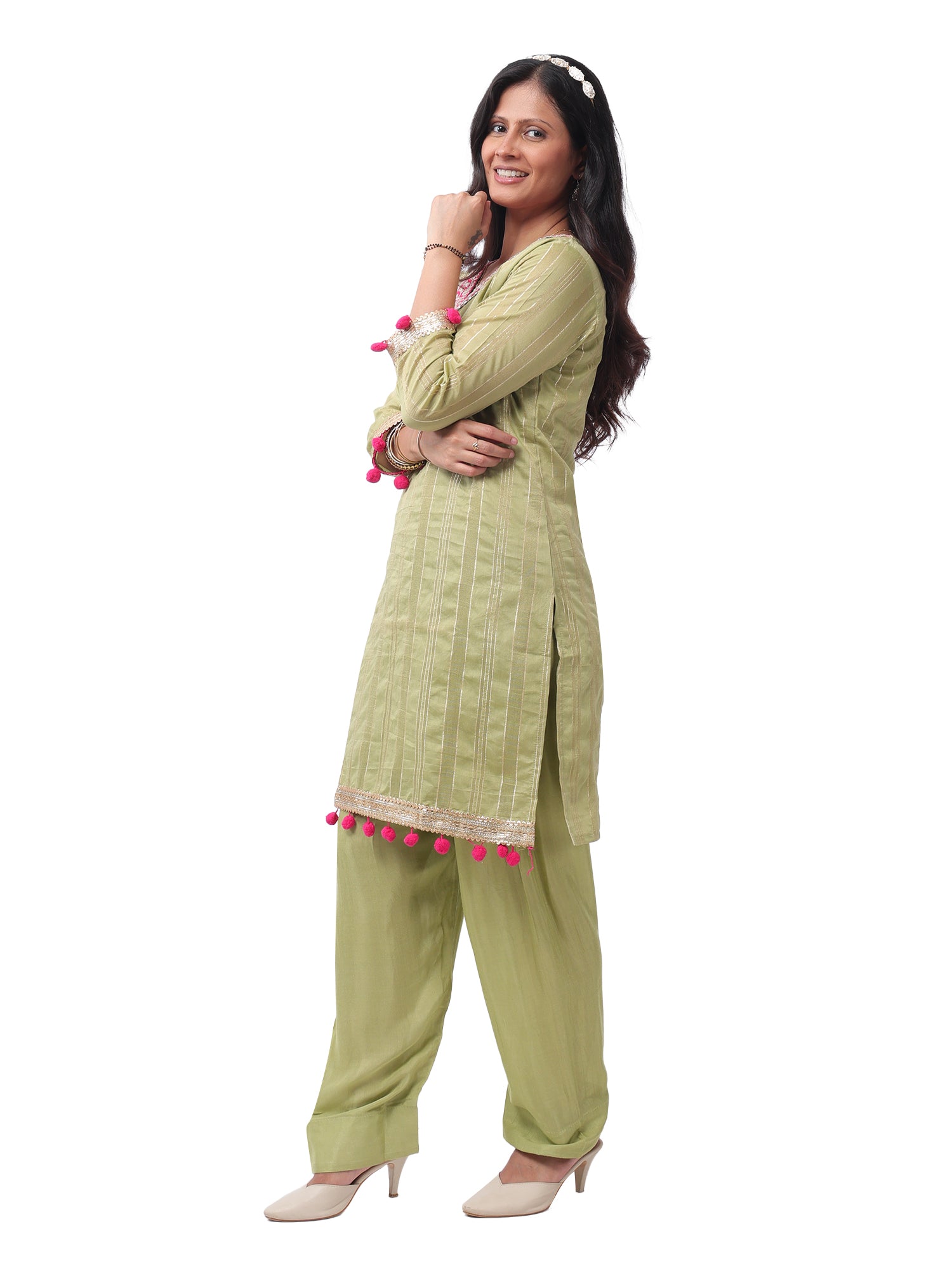 FOH Pista Green Neckline Zari Work Pom Pom Kurta Set with Striped Dupatta