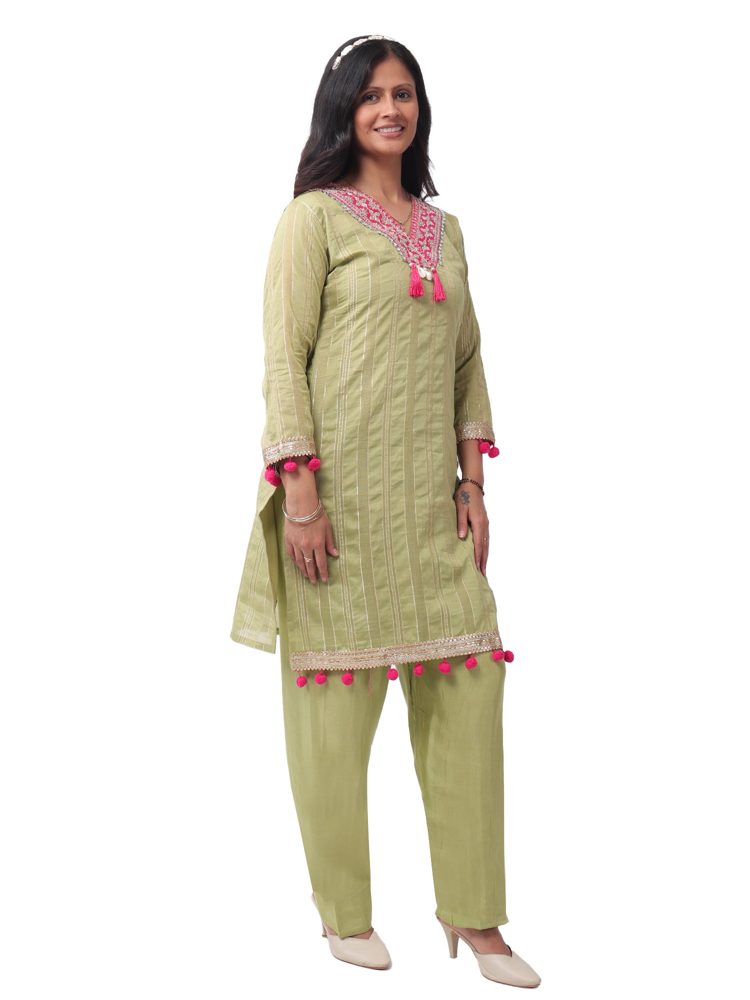 FOH Pista Green Neckline Zari Work Pom Pom Kurta Set with Striped Dupatta