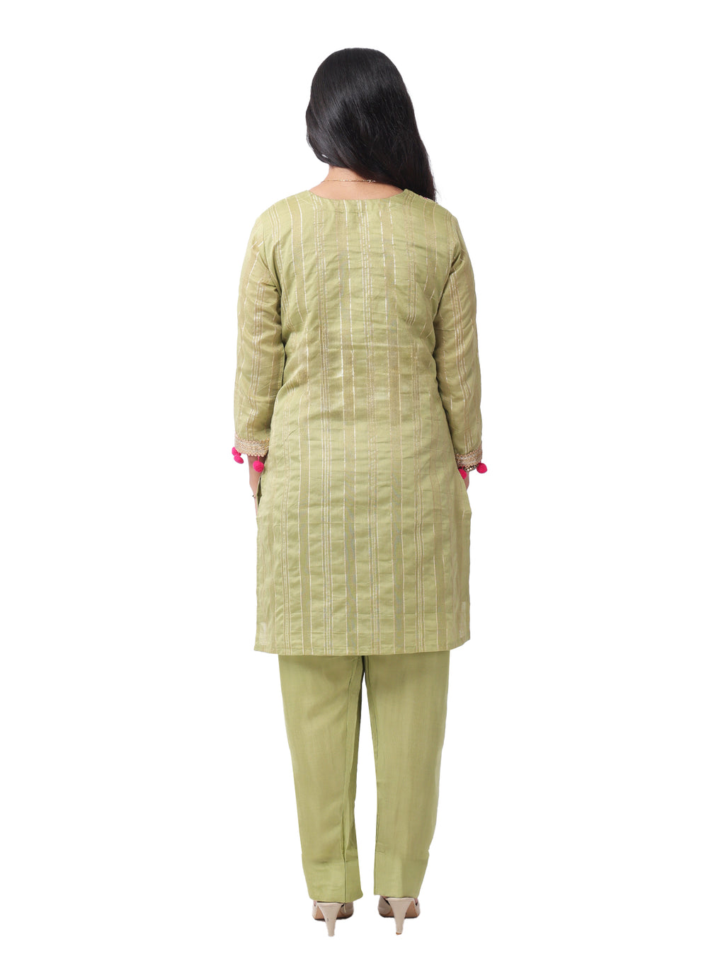 FOH Pista Green Neckline Zari Work Pom Pom Kurta Set with Striped Dupatta