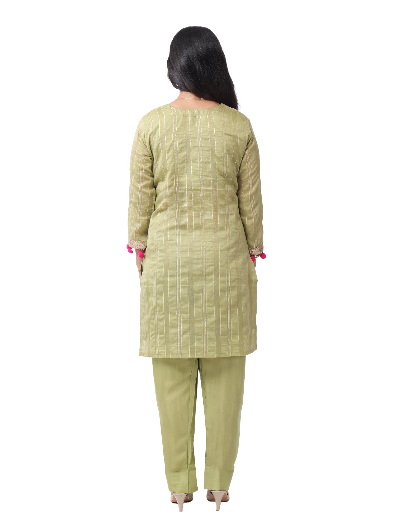 FOH Pista Green Neckline Zari Work Pom Pom Kurta Set with Striped Dupatta