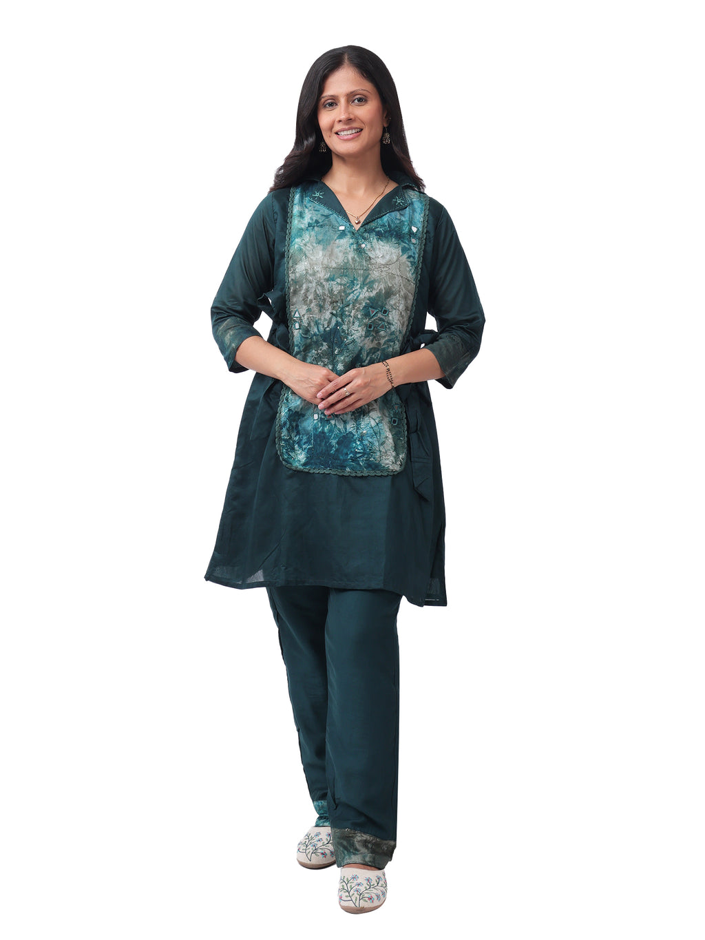 Emerald Silk Cotton Co-Ord Set with Handcrafted Tie-Dye Panel