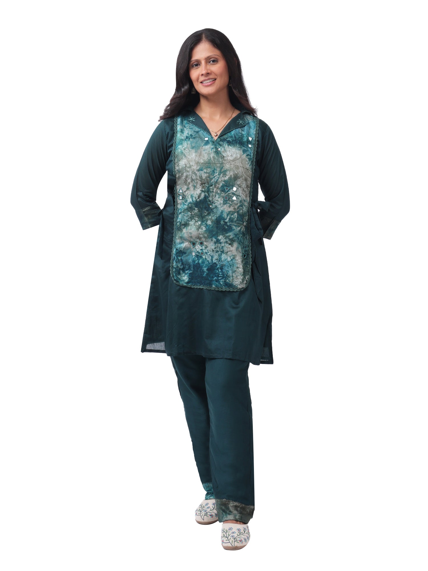 Emerald Silk Cotton Co-Ord Set with Handcrafted Tie-Dye Panel