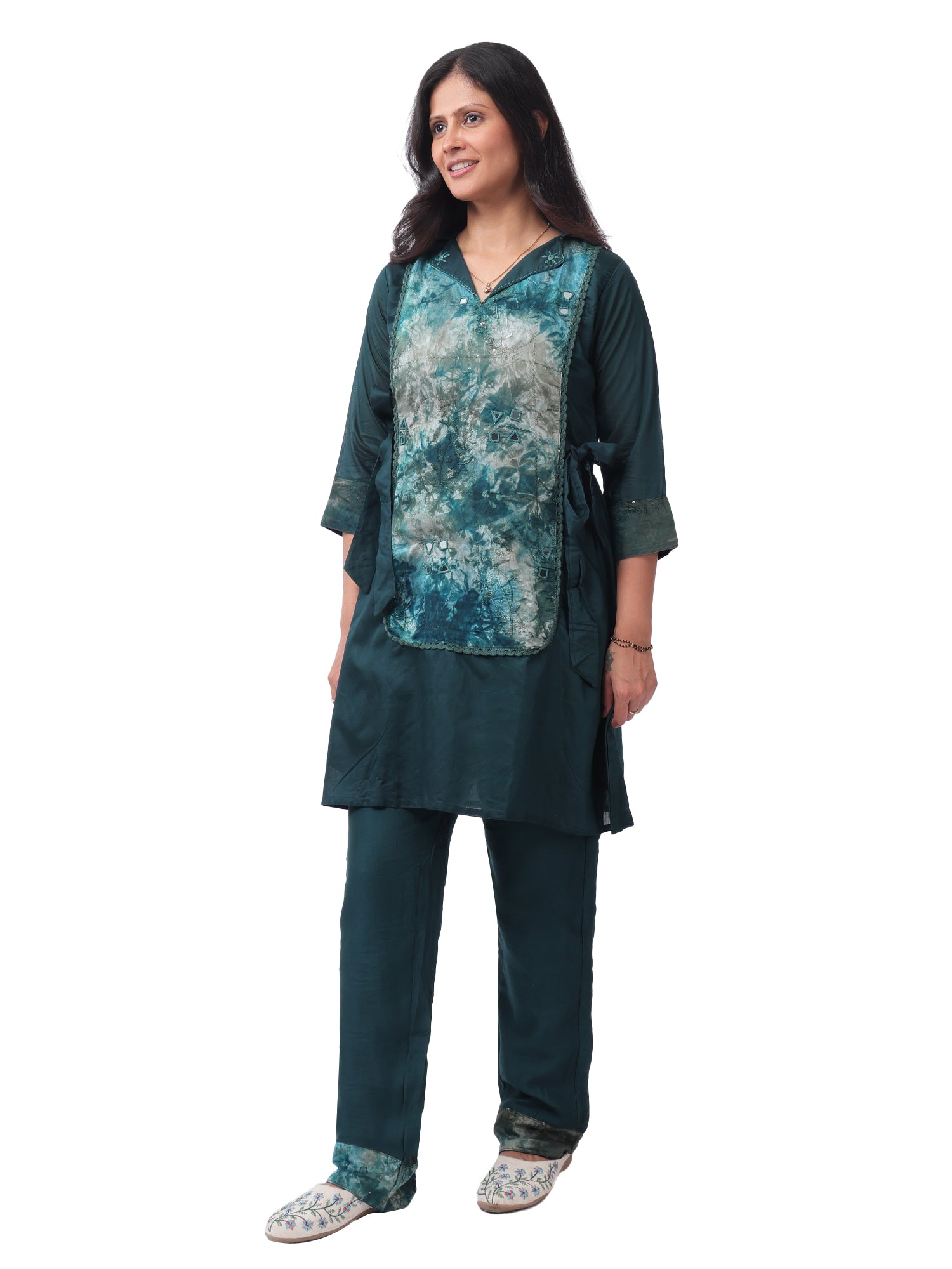 Emerald Silk Cotton Co-Ord Set with Handcrafted Tie-Dye Panel