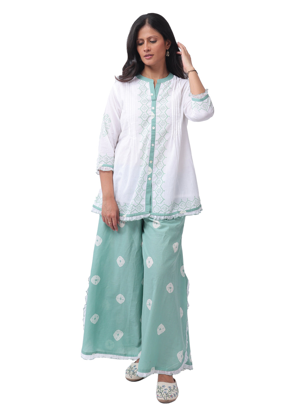 Fash'O'Holic Women's Premium White & Mint Green Cotton Co-ord Set