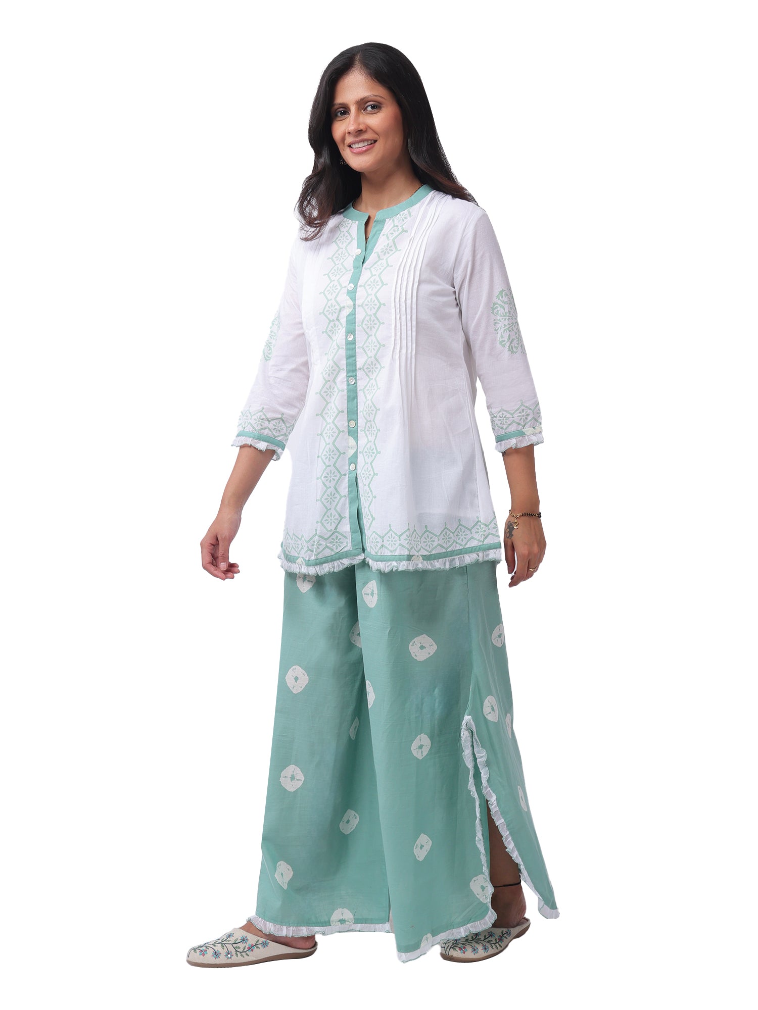 Fash'O'Holic Women's Premium White & Mint Green Cotton Co-ord Set