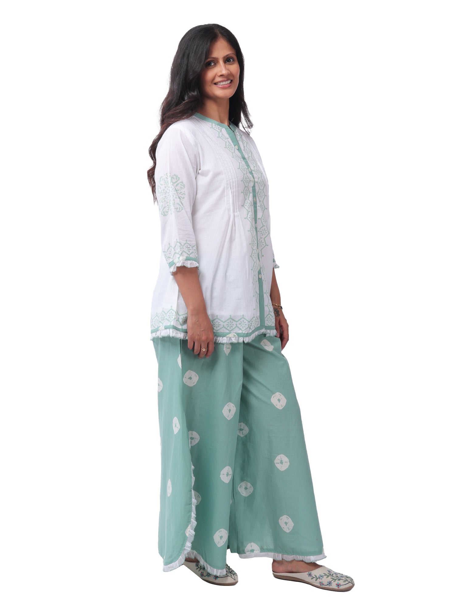 Fash'O'Holic Women's Premium White & Mint Green Cotton Co-ord Set