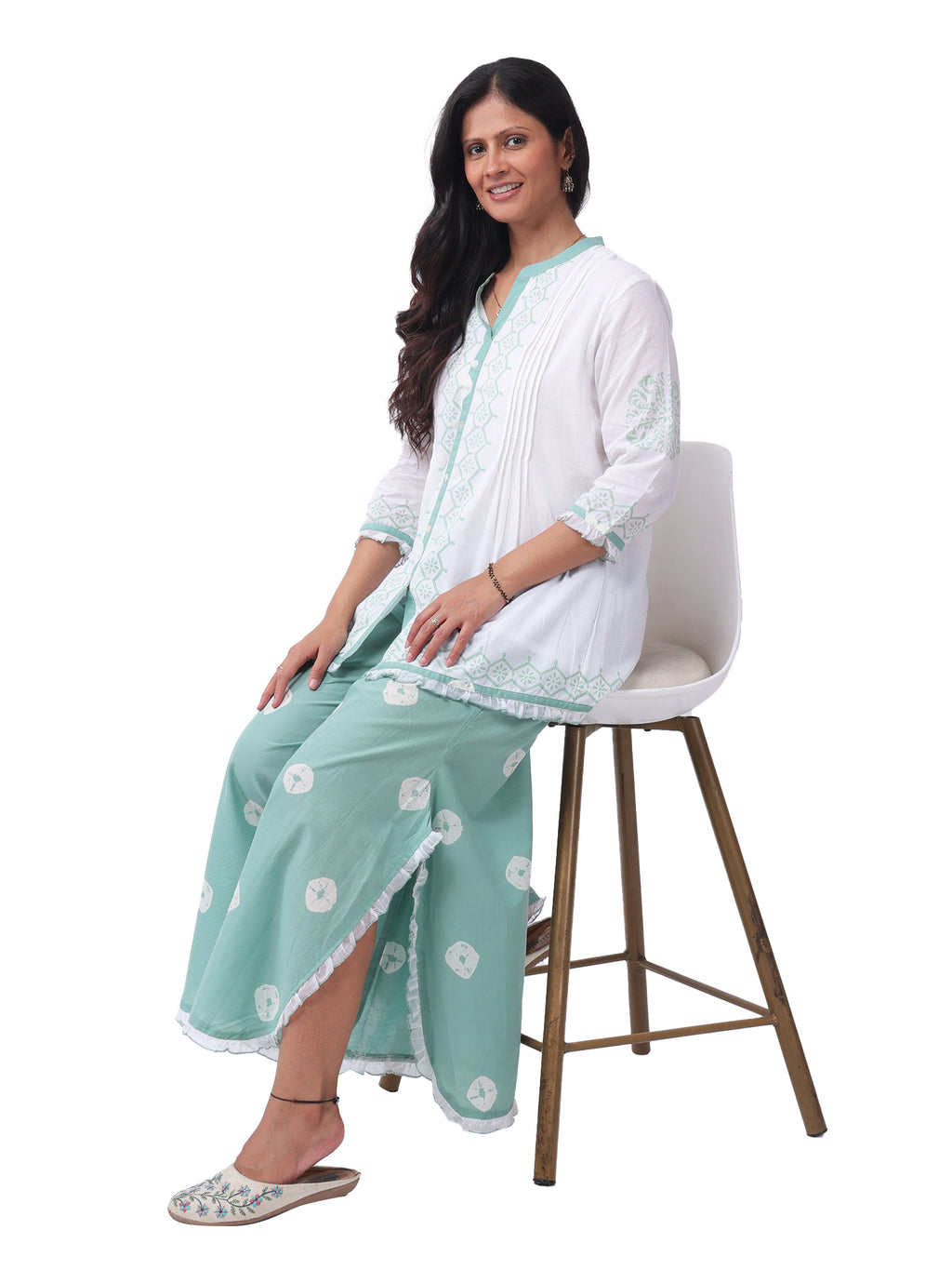 Fash'O'Holic Women's Premium White & Mint Green Cotton Co-ord Set