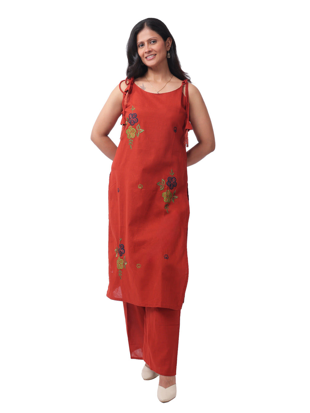 Fash'O'Holic Women's Premium Rust Orange Embroidered Kurta Pant Set