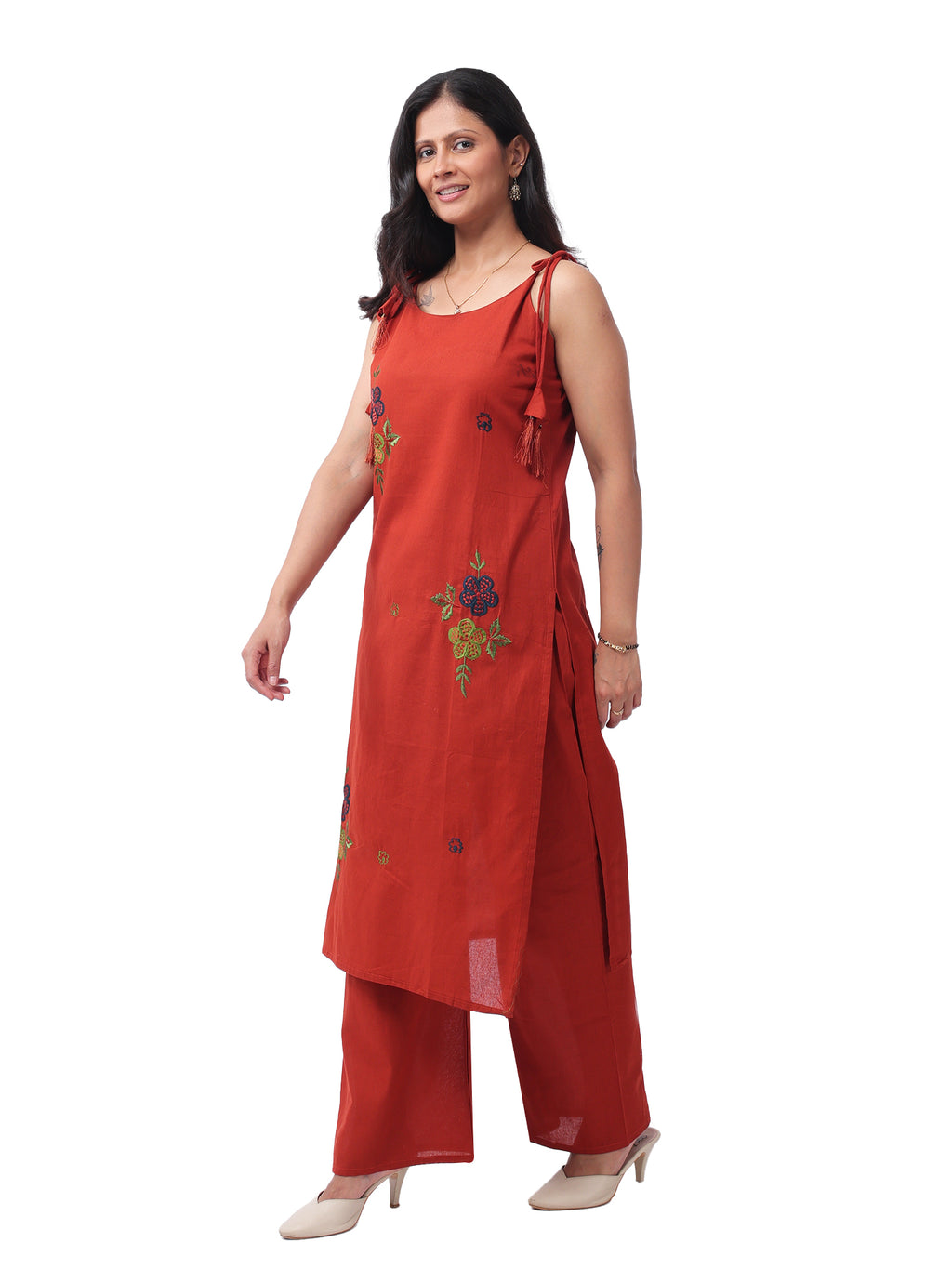 Fash'O'Holic Women's Premium Rust Orange Embroidered Kurta Pant Set