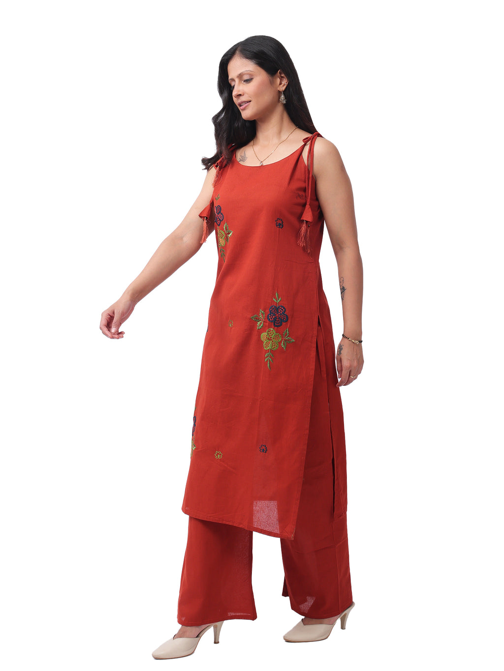 Fash'O'Holic Women's Premium Rust Orange Embroidered Kurta Pant Set