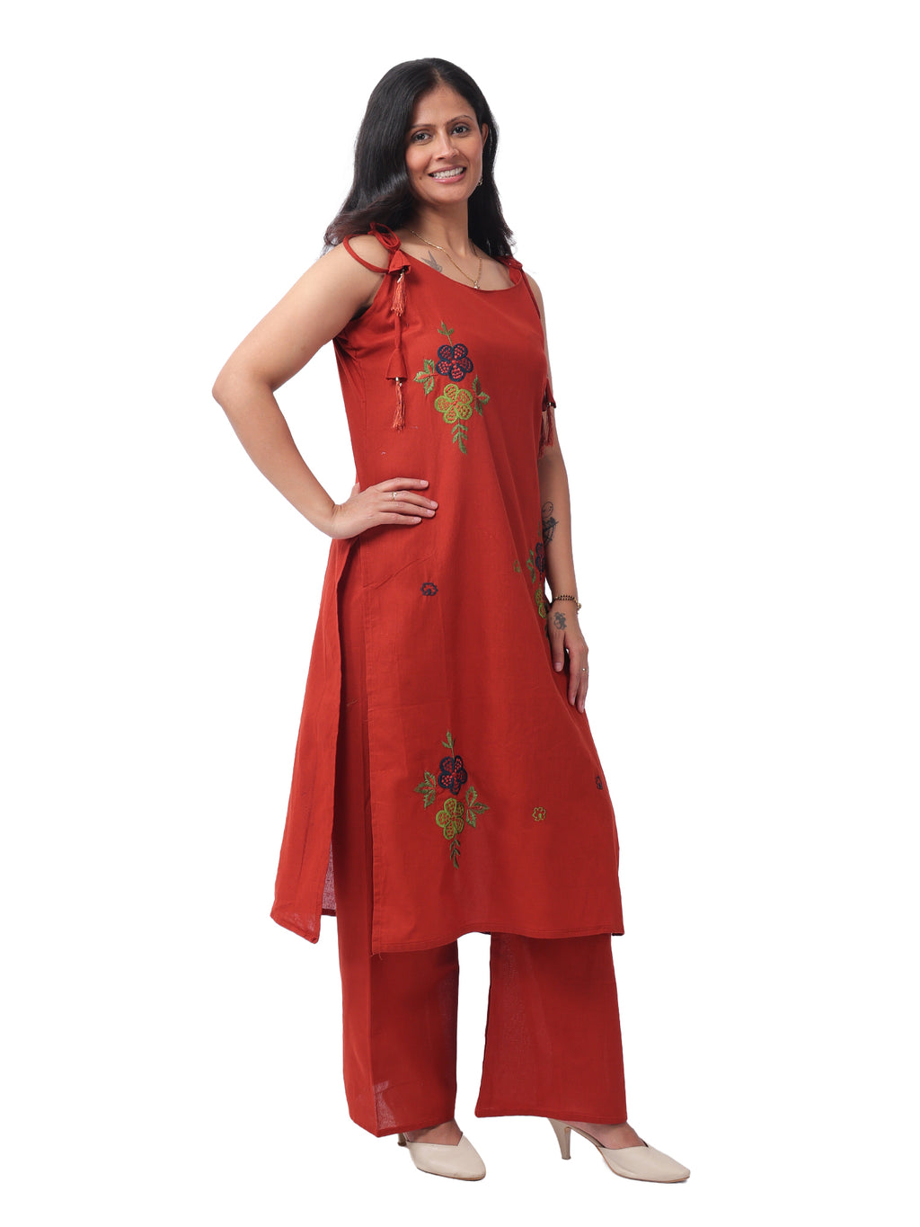 Fash'O'Holic Women's Premium Rust Orange Embroidered Kurta Pant Set
