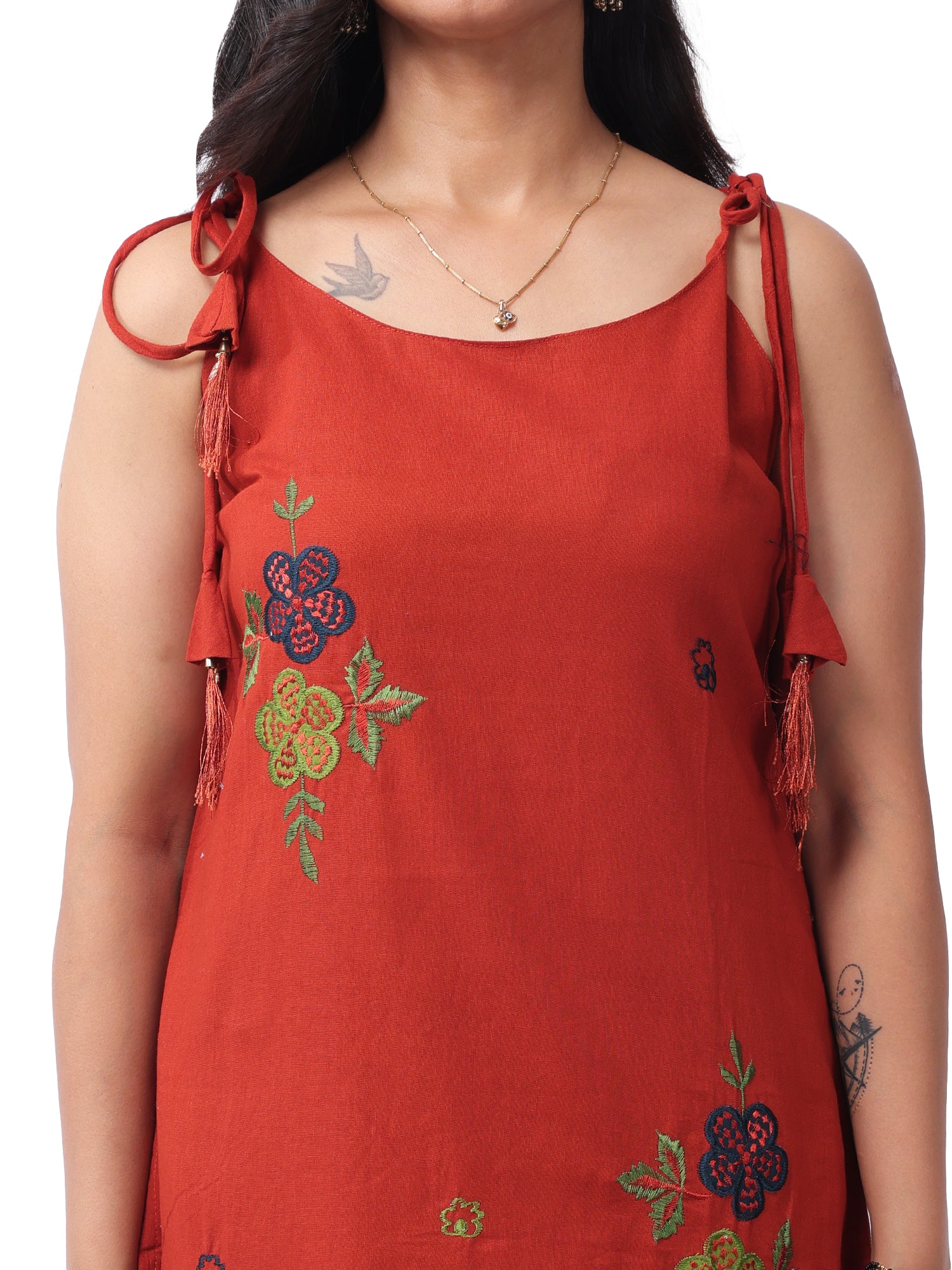 Fash'O'Holic Women's Premium Rust Orange Embroidered Kurta Pant Set