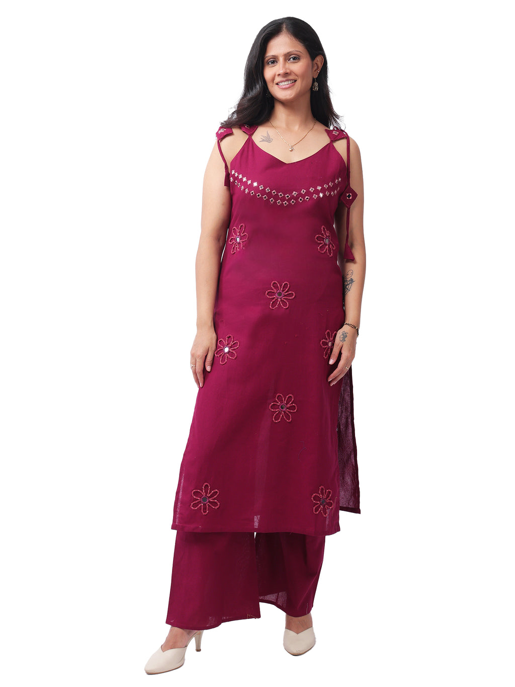 Fash'O'Holic Women's Premium Wine Mirror Work Kurta Pant Set