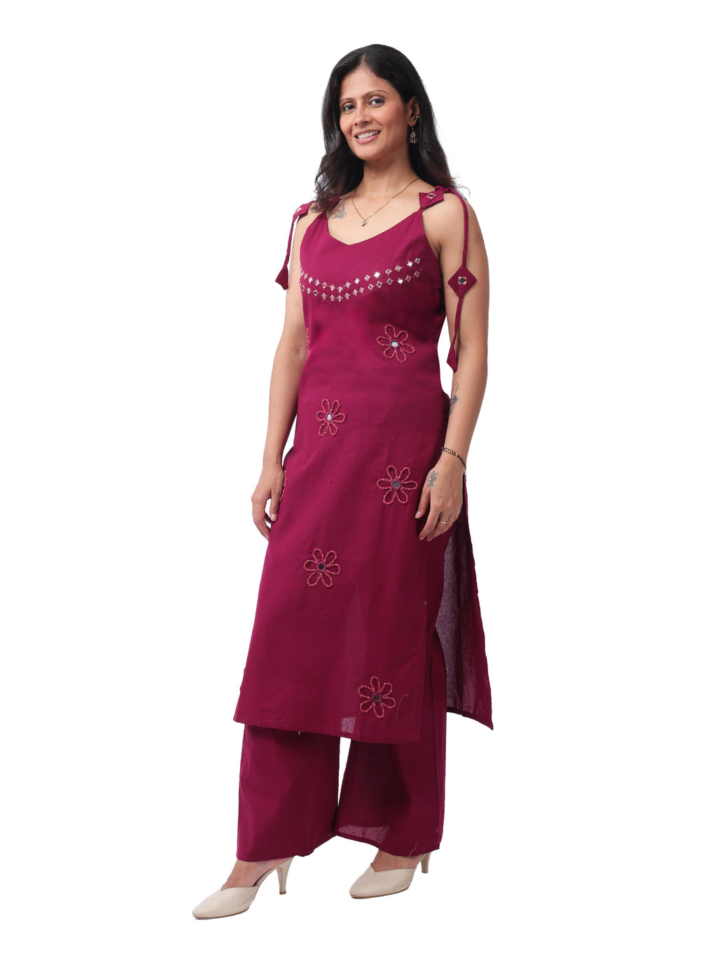 Fash'O'Holic Women's Premium Wine Mirror Work Kurta Pant Set