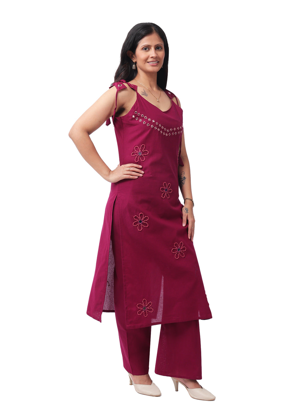 Fash'O'Holic Women's Premium Wine Mirror Work Kurta Pant Set