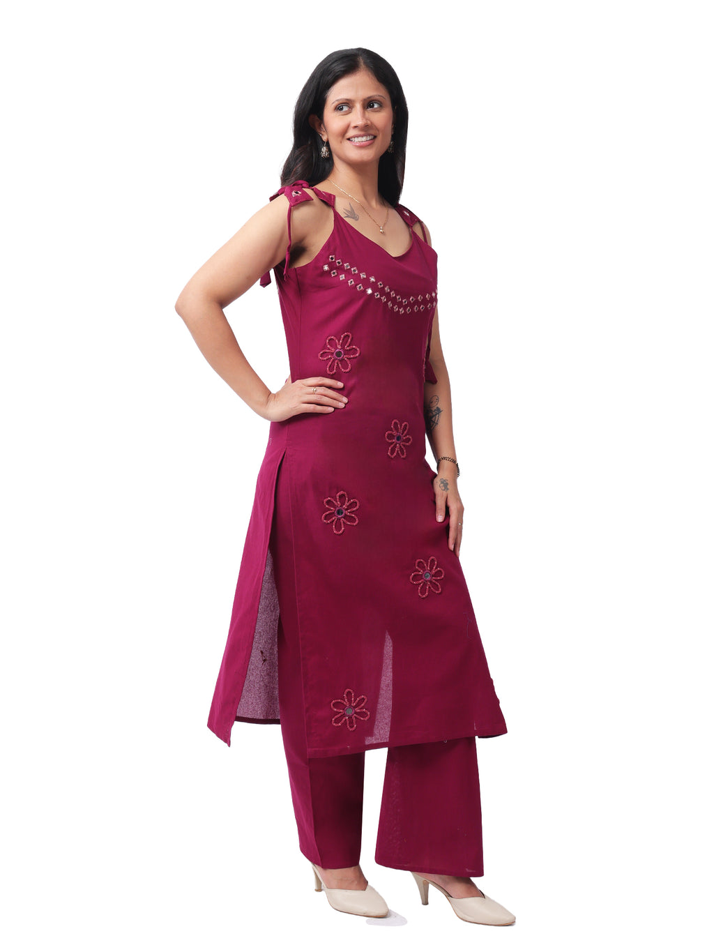 Fash'O'Holic Women's Premium Wine Mirror Work Kurta Pant Set