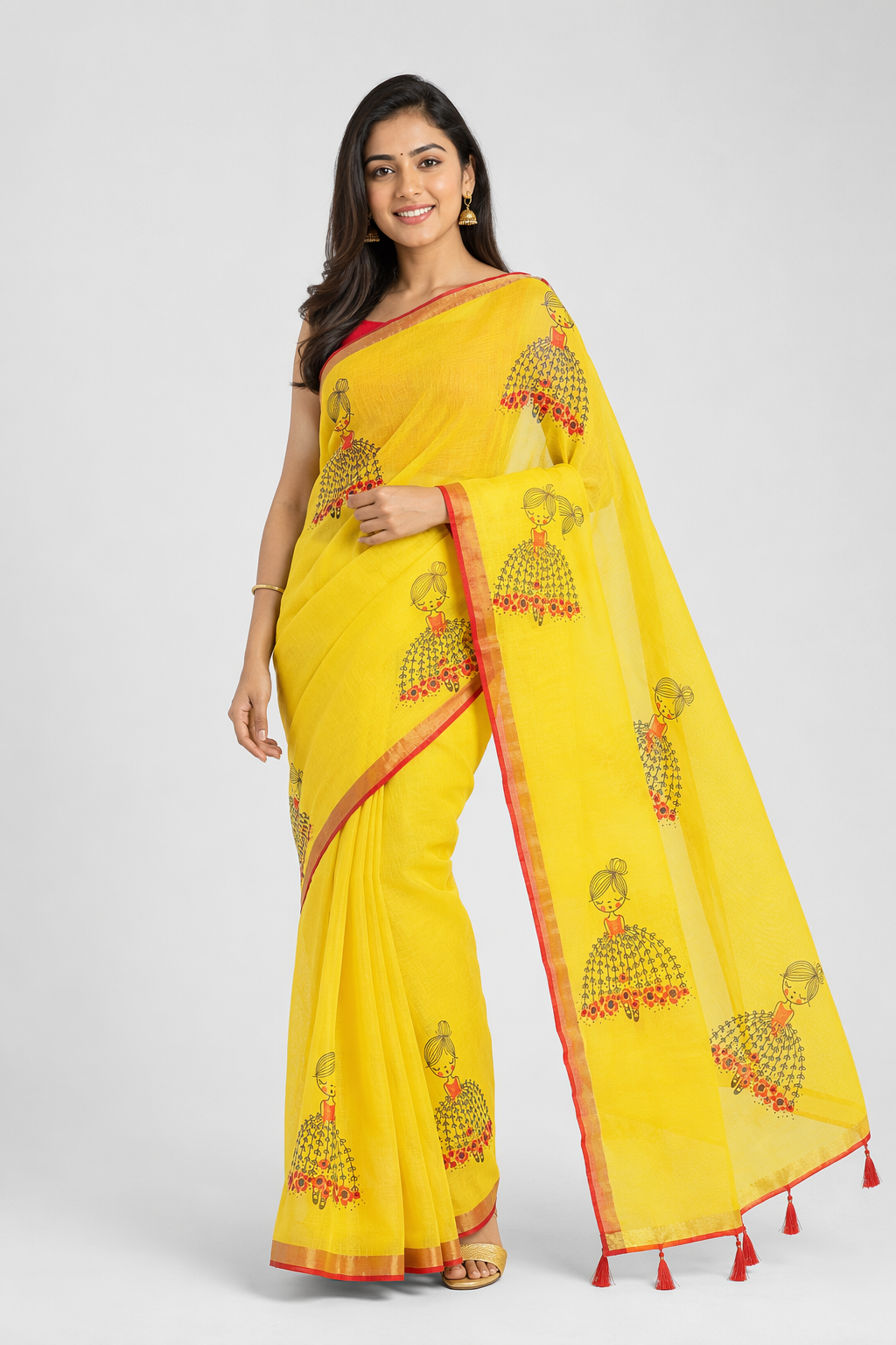 Fash'O'Holic Women's Sunshine Yellow Printed Linen Blend Saree with Tassel Pallu