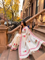 Hand-Painted Floral Ivory Saree with Artistic Border
