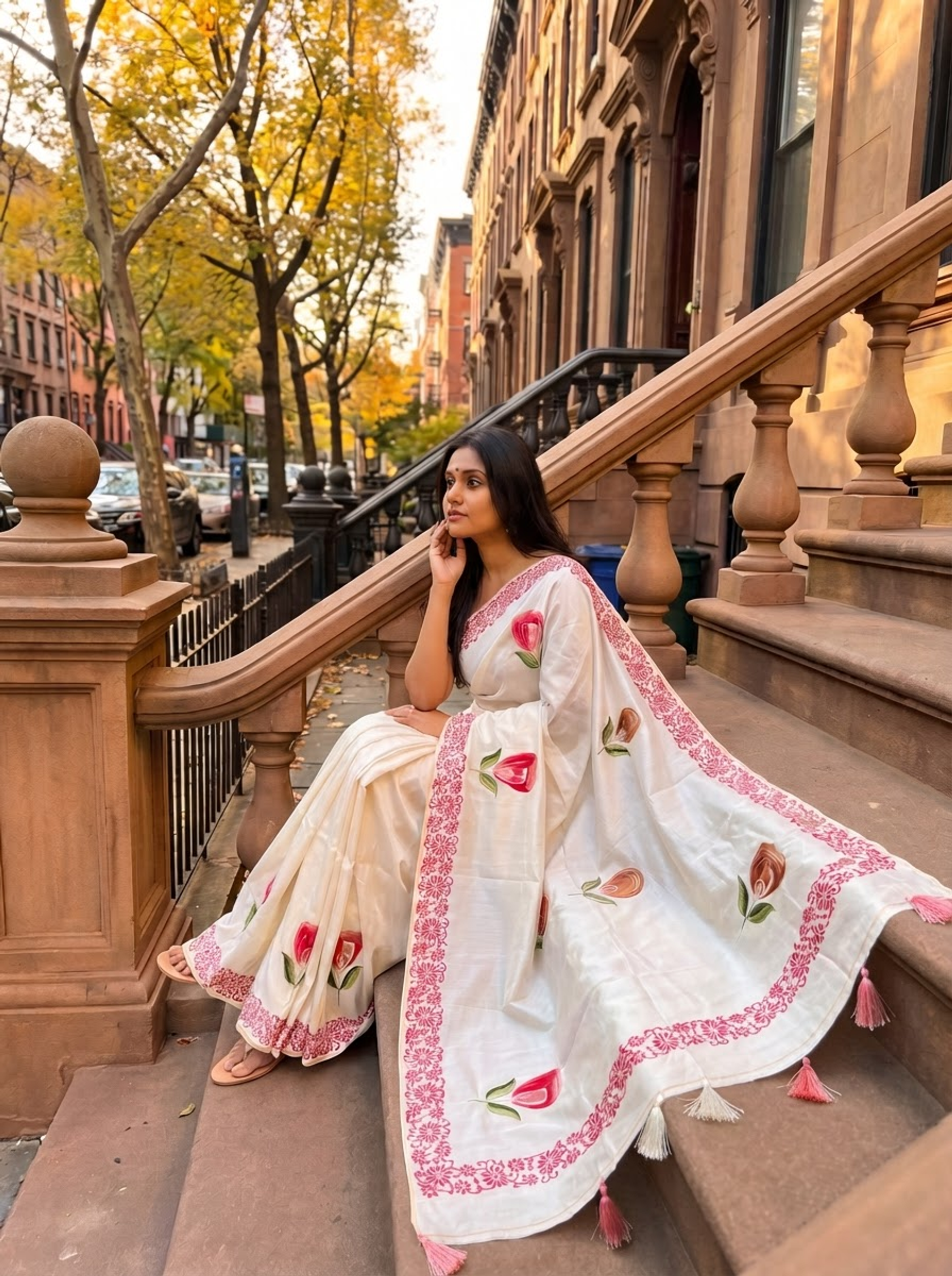 Hand-Painted Floral Ivory Saree with Artistic Border