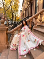 Hand-Painted Floral Ivory Saree with Artistic Border