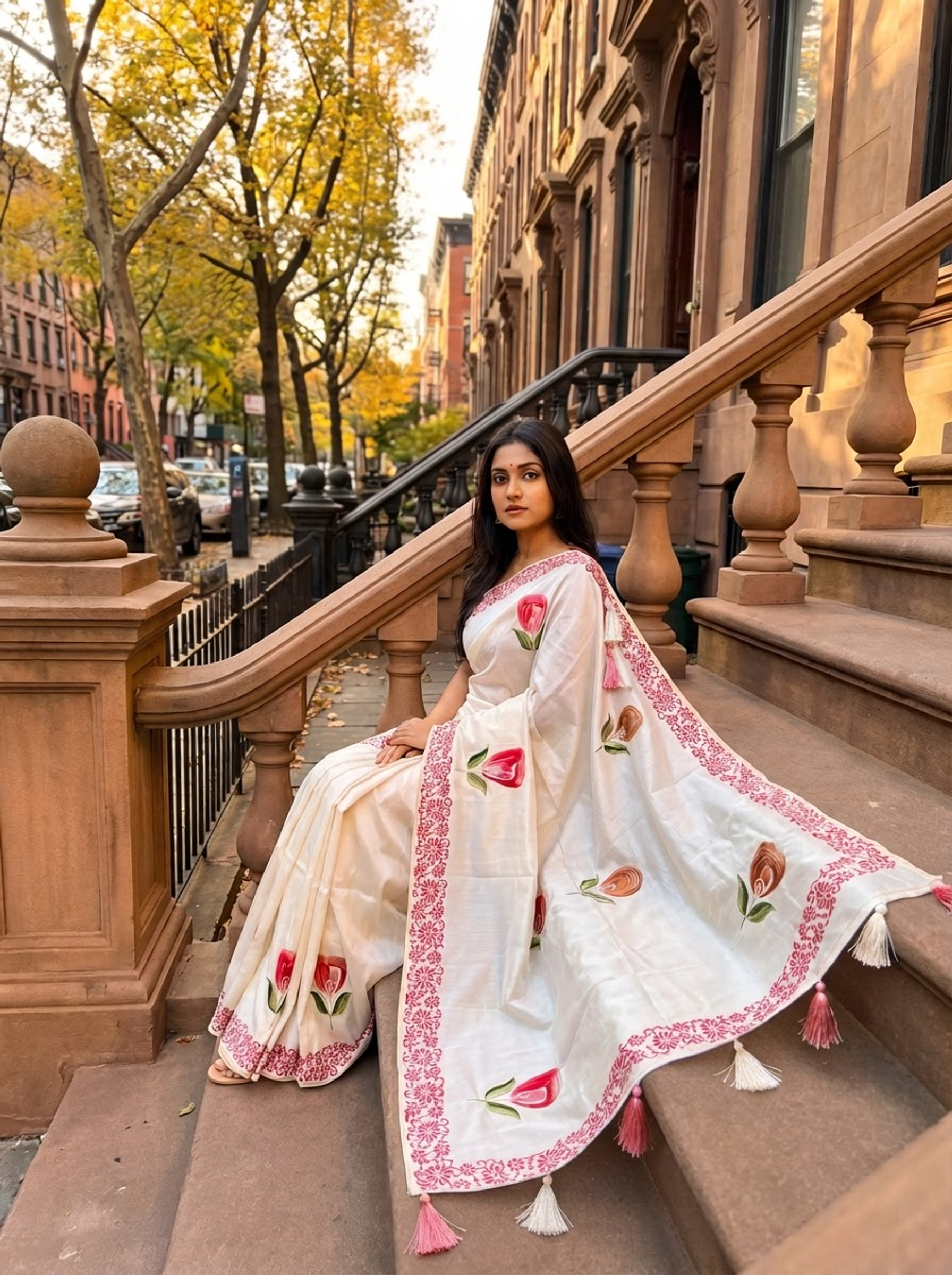 Hand-Painted Floral Ivory Saree with Artistic Border