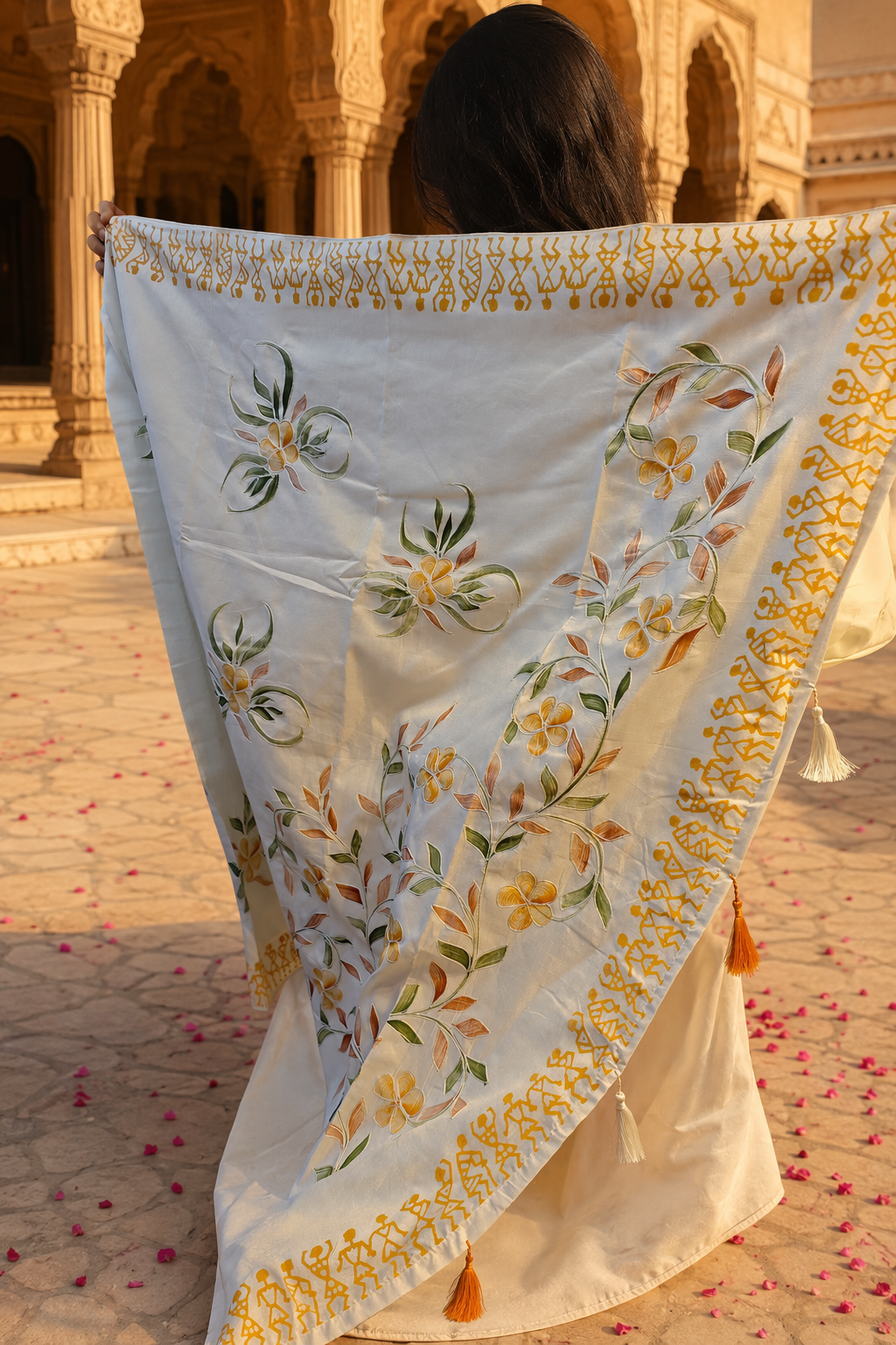Mustard Bloom Premium Soft Silk Blend Saree with Tribal Border