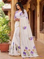 Fash'O'Holic Women's Premium White Floral Printed Linen Blend Saree with Tassel Pallu