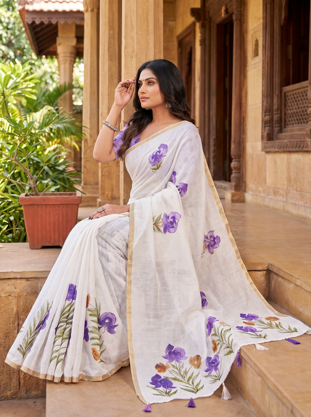 Fash'O'Holic Women's Premium White Floral Printed Linen Blend Saree with Tassel Pallu