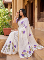 Fash'O'Holic Women's Premium White Floral Printed Linen Blend Saree with Tassel Pallu