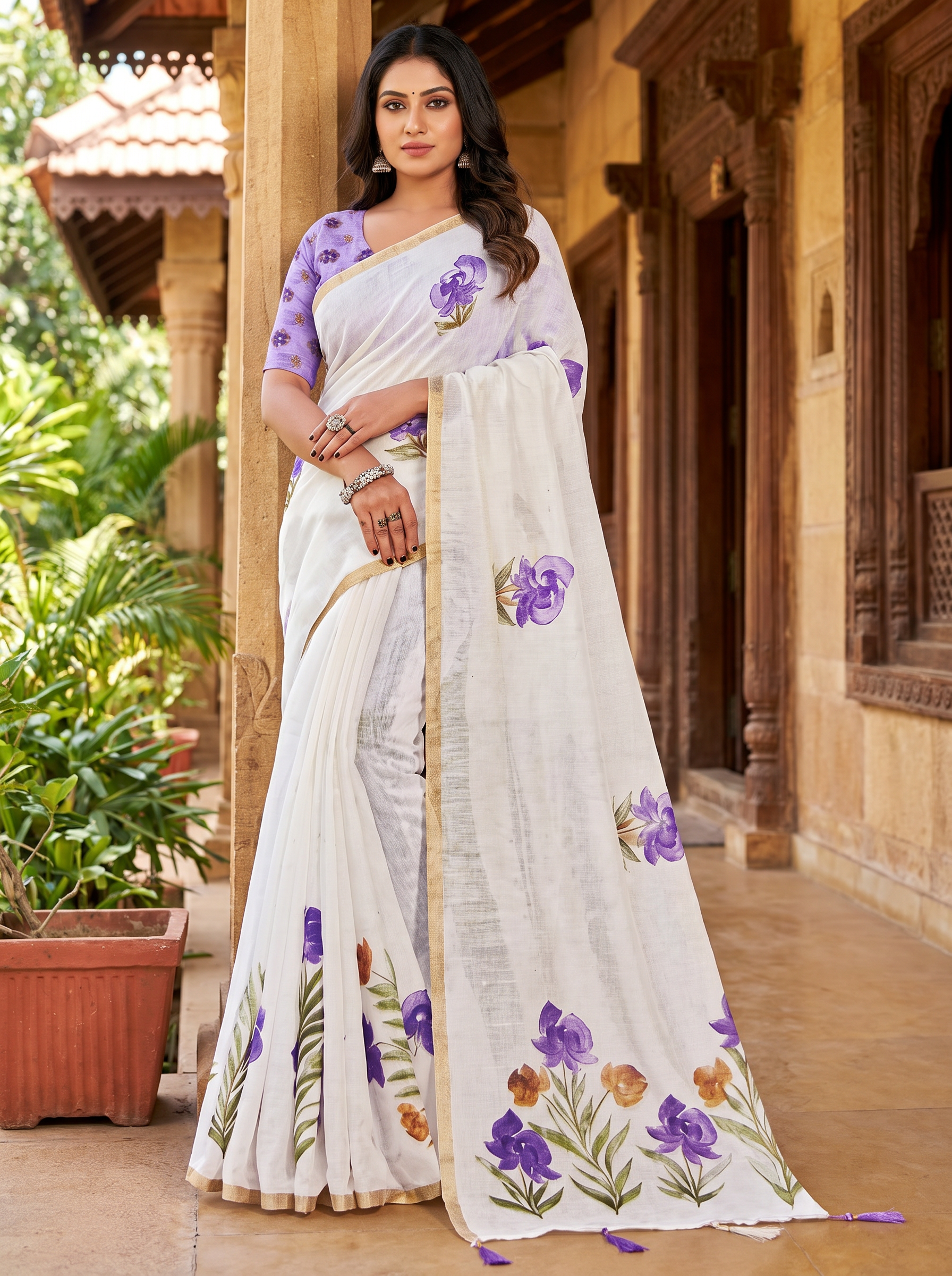 Fash'O'Holic Women's Premium White Floral Printed Linen Blend Saree with Tassel Pallu
