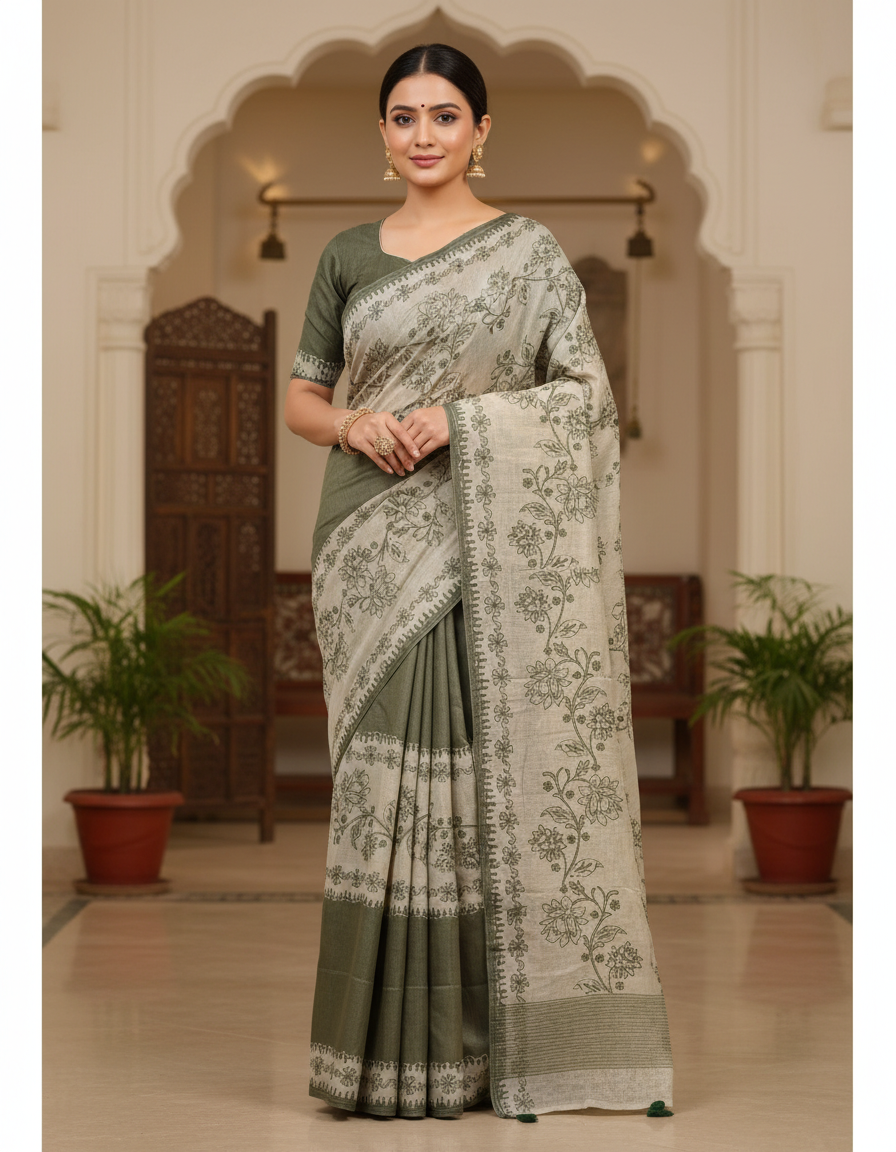 Fash'O'Holic Olive Green Floral Printed Cotton Silk Saree