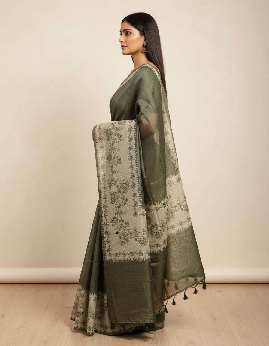 Fash'O'Holic Olive Green Floral Printed Cotton Silk Saree