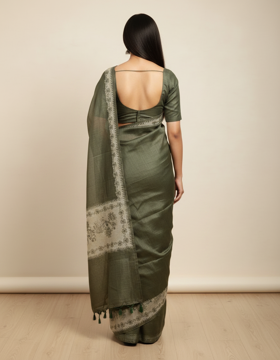 Fash'O'Holic Olive Green Floral Printed Cotton Silk Saree
