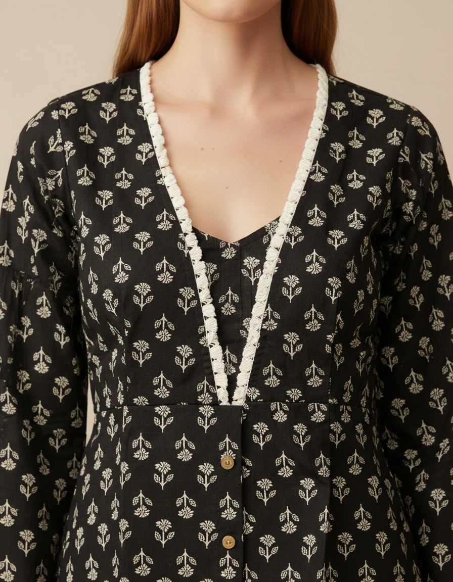 Women’s Black Cotton Kurti with White Floral Block Print & Tassel V-Neck